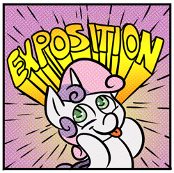 Size: 806x802 | Tagged: safe, artist:fauxsquared, character:sweetie belle, ben-day dots, blep, exposition, female, reaction image, silly, solo, sweetiedumb, tongue out
