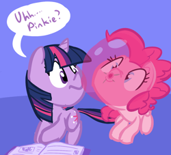 Size: 1100x1000 | Tagged: safe, artist:tess, character:pinkie pie, character:twilight sparkle, book, bubblegum