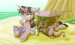 Size: 900x543 | Tagged: safe, artist:inuhoshi-to-darkpen, character:spike, character:twilight sparkle, character:twilight sparkle (alicorn), species:alicorn, species:pony, beach, book, drink, female, getting real tired of your shit, mare, prone, stick, unamused, unshorn fetlocks, wing umbrella