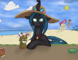 Size: 1024x794 | Tagged: safe, artist:jobo37, artist:joey darkmeat, character:derpy hooves, character:pinkie pie, character:queen chrysalis, species:changeling, species:pegasus, species:pony, beach, clothing, colored, female, hat, mare, sun hat