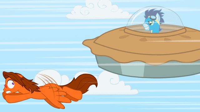 Size: 640x360 | Tagged: safe, artist:aha-mccoy, character:soarin', oc, aha mclovin, animated, chase, flying, flying saucer, pie, that pony sure does love pies, ufo, wat