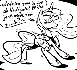 Size: 880x800 | Tagged: source needed, safe, artist:tess, character:princess luna, species:alicorn, species:pony, black eyed peas, butt shake, dancing, eyes closed, female, mare, monochrome, moonbutt, open mouth, plot, raised hoof, singing, sketch, smiling, solo