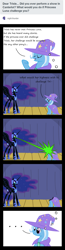 Size: 872x3347 | Tagged: safe, artist:evil-dec0y, character:nightmare moon, character:princess luna, character:trixie, species:alicorn, species:pony, species:unicorn, comic:trixie vs., cape, clothing, comic, duo, duo female, eye beams, female, hat, mare, thought bubble, trixie's cape, trixie's hat, tumblr
