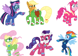 Size: 10000x7222 | Tagged: safe, artist:masem, character:applejack, character:fili-second, character:fluttershy, character:masked matter-horn, character:mistress marevelous, character:pinkie pie, character:radiance, character:rainbow dash, character:rarity, character:saddle rager, character:twilight sparkle, character:twilight sparkle (alicorn), character:zapp, species:alicorn, species:pony, episode:power ponies, g4, my little pony: friendship is magic, season 4, absurd resolution, clothing, costume, female, goggles, mane six, mare, power rangers, simple background, transparent background, vector