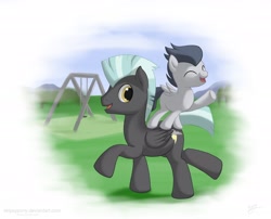 Size: 2500x2024 | Tagged: safe, artist:skipsy, character:rumble, character:thunderlane, species:pegasus, species:pony, backwards cutie mark, brothers, colt, high res, male, piggyback ride, playground, ponies riding ponies, singing, stallion, swing