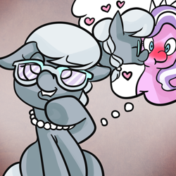 Size: 1000x1000 | Tagged: dead source, safe, artist:fauxsquared, character:diamond tiara, character:silver spoon, ship:silvertiara, blushing, daydream, female, glasses, kissing, lesbian, shipping