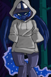 Size: 1400x2100 | Tagged: safe, artist:fauxsquared, character:princess luna, species:anthro, species:unguligrade anthro, luna-afterdark, baseball cap, bipedal, clothing, female, hat, hoodie, jeans, snapback, solo