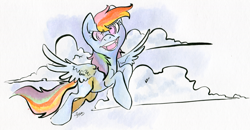 Size: 1256x653 | Tagged: safe, artist:php27, character:rainbow dash, species:pegasus, species:pony, cloud, female, flying, looking at you, smiling, solo, traditional art, watercolor painting