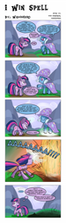 Size: 576x1920 | Tagged: safe, artist:pony-berserker, artist:szafalesiaka, artist:wadusher0, character:trixie, character:twilight sparkle, species:pony, episode:magic duel, g4, my little pony: friendship is magic, abuse, comic, gravity, magic, schedule, spell, trixiebuse