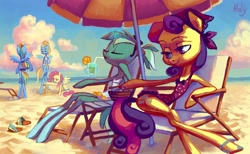 Size: 4178x2581 | Tagged: safe, artist:holivi, character:bon bon, character:fluttershy, character:lightning dust, character:lyra heartstrings, character:rainbow dash, character:sweetie drops, species:anthro, beach, clothing, one-piece swimsuit, swimsuit