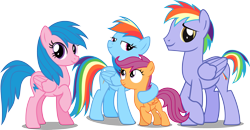 Size: 3049x1585 | Tagged: safe, artist:vector-brony, character:firefly, character:rainbow blaze, character:rainbow dash, character:scootaloo, parent:firefly, species:pegasus, species:pony, ship:fireblaze, g1, g4, adopted offspring, family, female, filly, firefly as rainbow dash's mom, foal, g1 to g4, generation leap, male, mare, parent:rainbow blaze, parents:fireblaze, rainbow dash's parents, scootalove, shipping, simple background, stallion, transparent background, vector