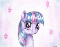 Size: 2431x1916 | Tagged: safe, artist:evomanaphy, character:twilight sparkle, cutie mark, female, looking at you, portrait, smiling, solo, traditional art
