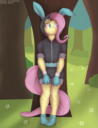 Size: 985x1292 | Tagged: safe, artist:jobo37, artist:joey darkmeat, character:fluttershy, species:anthro, bunny ears, clothing, dangerous mission outfit, female, goggles, hoodie, socks, solo