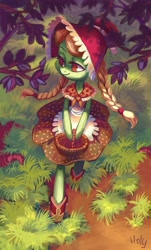 Size: 2605x4311 | Tagged: safe, artist:holivi, character:granny smith, species:anthro, adorasmith, bonnet, clothing, cute, daily deviation, female, solo, tree, young granny smith, younger