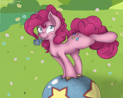 Size: 1169x937 | Tagged: safe, artist:jobo37, artist:joey darkmeat, character:pinkie pie, balancing, ball, female, party horn, solo