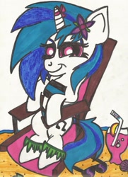 Size: 1650x2277 | Tagged: safe, artist:krazykari, character:dj pon-3, character:vinyl scratch, beach, bikini, clothing, female, solo, summer, swimsuit, traditional art