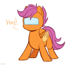 Size: 490x430 | Tagged: safe, artist:higgly-chan, character:scootaloo, species:pegasus, species:pony, g4, among us, crewmate, crossover, female, filly, helmet, simple background, solo, space suit, video game crossover, white background