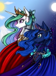 Size: 1066x1446 | Tagged: safe, artist:longinius, character:princess celestia, character:princess luna, species:alicorn, species:pony, alternate hairstyle, beautiful, cape, clothing, crown, detailed, dress, duo, ethereal mane, eyeshadow, female, flowing mane, galaxy mane, hair bow, jewelry, makeup, mare, moon, multicolored hair, necklace, regalia, royal sisters, siblings, sisters, smiling, sun