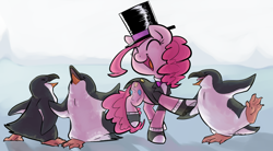 Size: 1280x706 | Tagged: safe, artist:php27, character:pinkie pie, species:penguin, dancing, spats, suit