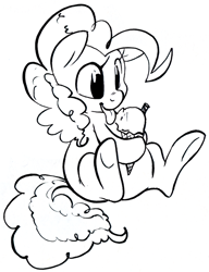 Size: 533x693 | Tagged: safe, artist:php27, character:pinkie pie, species:earth pony, species:pony, black and white, female, grayscale, ice cream, mare, monochrome, sitting, solo, tongue out