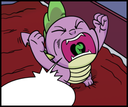 Size: 546x456 | Tagged: safe, artist:pony-berserker, character:spike, angry, bed, dan, dialogue, exploitable, eyes closed, fangs, male, meme, open mouth, solo, speech bubble, template, tongue out, yelling