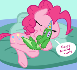Size: 1100x1000 | Tagged: safe, artist:tess, character:gummy, character:pinkie pie, species:earth pony, species:pony, clothing, female, happy birthday, hat, hug, mare, on side, party hat, underhoof