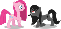 Size: 1299x614 | Tagged: safe, artist:masem, character:pinkamena diane pie, character:pinkie pie, oc, oc:dark light, canon x oc, eye contact, female, kneeling, lesbian, marriage proposal, mouth hold, open mouth, raised hoof, ring, simple background, smiling, surprised, transparent background, vector, wide eyes