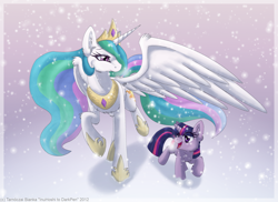 Size: 900x655 | Tagged: safe, artist:inuhoshi-to-darkpen, character:princess celestia, character:twilight sparkle, filly, foal, snow, snowfall