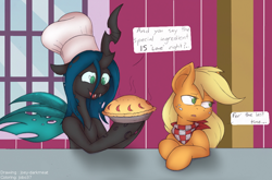 Size: 1024x674 | Tagged: safe, artist:jobo37, artist:joey darkmeat, character:applejack, character:queen chrysalis, species:changeling, baking, chef's hat, clothing, cooking, food, hat, hatless, missing accessory, pie