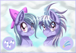Size: 1024x707 | Tagged: safe, artist:inuhoshi-to-darkpen, character:cloudchaser, character:flitter, species:pegasus, species:pony, bow, bust, cheek fluff, chest fluff, cutie mark, duo, ear fluff, female, fluffy, hair bow, looking at you, mare, portrait, sisters, smiling