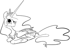 Size: 1043x714 | Tagged: safe, artist:php27, character:princess celestia, species:alicorn, species:pony, crown, female, folded wings, jewelry, mare, monochrome, prone, regalia, simple background, smiling, solo, white background, wings