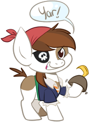 Size: 491x667 | Tagged: safe, artist:php27, character:pipsqueak, species:earth pony, species:pony, bandana, clothing, colt, costume, dialogue, eyepatch, hook, male, pirate, solo, speech bubble