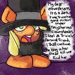 Size: 1000x1000 | Tagged: safe, artist:fauxsquared, character:applejack, abraham lincoln, dialogue, female, solo, trixie is magic