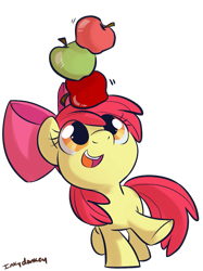 Size: 899x1200 | Tagged: safe, artist:php27, character:apple bloom, species:earth pony, species:pony, g4, adorabloom, apple, balancing, cute, female, filly, food, simple background, solo, transparent background, young