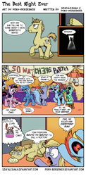 Size: 1160x2374 | Tagged: safe, artist:pony-berserker, artist:szafalesiaka, character:derpy hooves, character:lyra heartstrings, character:pinkie pie, character:rainbow dash, character:rarity, character:surprise, character:trixie, character:twilight sparkle, oc, oc:szafalesiaka, oc:tom the crab, species:crab, species:pegasus, species:pony, bandage, banner, cake, comic, cricket bat, dark room, female, foam, foaming at the mouth, giant crab, i can't believe it's not idw, implied death, implied rarity fighting a giant crab, injured, innuendo, magic, mare, midnight eclipse, out of order, party, plot, stool, unconscious