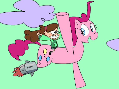 Size: 480x360 | Tagged: dead source, safe, artist:tess, character:pinkie pie, animated, crossover, gravity falls, humans riding ponies, mabel pines