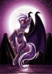 Size: 900x1275 | Tagged: safe, artist:inuhoshi-to-darkpen, oc, oc only, species:bat pony, species:pony, bedroom eyes, fangs, flying, grin, looking at you, moon, night, solo, spread wings, unshorn fetlocks, wing claws, wings