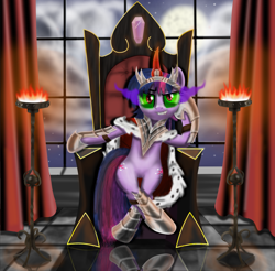 Size: 3295x3246 | Tagged: safe, artist:evil-dec0y, character:twilight sparkle, species:pony, species:unicorn, armor, brazier, chair, cloak, clothing, corrupted, corrupted twilight sparkle, fangs, female, grin, looking at you, mare, sitting, smiling, solo, sombra eyes, throne, throne slouch, tyrant sparkle, window