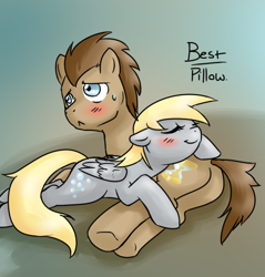 Size: 477x500 | Tagged: safe, artist:jitterbugjive, character:derpy hooves, character:doctor whooves, character:time turner, species:pegasus, species:pony, lovestruck derpy, ship:doctorderpy, blushing, butt pillow, female, male, mare, pillow, plot, prone, shipping, sleeping, straight