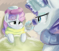 Size: 800x685 | Tagged: safe, artist:sirmasterdufel, character:rarity, character:sweetie belle, clothing, ice pack, magic, scarf, sick, sisters, soup, telekinesis