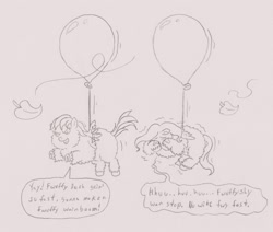 Size: 1500x1272 | Tagged: safe, artist:santanon, character:fluttershy, character:rainbow dash, balloon, crying, fluffy pony, fluffydash, fluffyshy