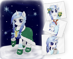 Size: 1900x1536 | Tagged: safe, artist:evomanaphy, oc, oc only, oc:stellar crystal, species:pony, anime, bedroom eyes, blushing, boots, christmas, clothing, cute, eyes closed, female, grin, heart, hoof hold, looking at you, mare, mug, present, raised hoof, smiling, snow, snowfall, snowflake