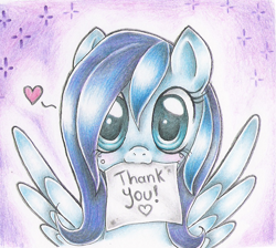 Size: 600x537 | Tagged: safe, artist:evomanaphy, oc, oc only, oc:stardust, species:pegasus, species:pony, blue, cute, evomanaphy, female, freckles, heart, mare, mouth hold, note, paper, portrait, solo