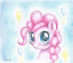 Size: 900x780 | Tagged: safe, artist:evomanaphy, character:pinkie pie, balloon, colored pencil drawing, cutie mark, female, looking at you, pink, portrait, solo, traditional art