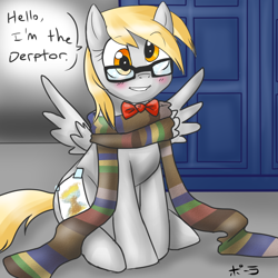 Size: 800x800 | Tagged: safe, artist:jitterbugjive, character:derpy hooves, species:pegasus, species:pony, lovestruck derpy, ask, blushing, bow tie, clothing, crossover, doctor derpy, doctor who, fake cutie mark, female, fourth doctor's scarf, glasses, mare, scarf, solo, tardis, tumblr