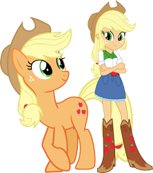 Size: 2884x3250 | Tagged: safe, artist:vector-brony, character:applejack, my little pony:equestria girls, boots, clothing, cowboy boots, cowboy hat, crossed arms, crossed hooves, denim skirt, freckles, hat, human ponidox, ponidox, self ponidox, shoes, simple background, skirt, square crossover, stetson, transparent background, vector