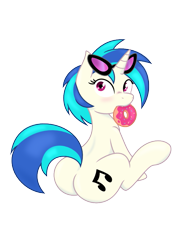 Size: 595x842 | Tagged: safe, artist:joey darkmeat, artist:spier17, character:dj pon-3, character:vinyl scratch, species:pony, species:unicorn, .svg available, blushing, cutie mark, donut, female, food, glasses, hooves, horn, looking at you, looking back, looking back at you, mare, plot, simple background, sitting, solo, sunglasses, svg, transparent background, vector, vinyl ass