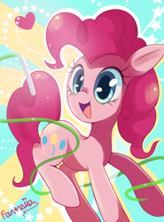 Size: 620x837 | Tagged: safe, artist:ipun, character:pinkie pie, species:earth pony, species:pony, cute, diapinkes, female, heart, open mouth, ribbon, solo, stars