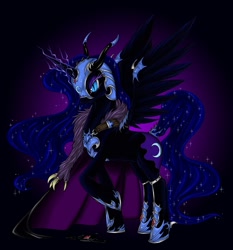 Size: 800x860 | Tagged: safe, artist:longinius, character:nightmare moon, character:princess luna, species:alicorn, species:pony, armor, black background, cape, clothed ponies, clothing, coat, ethereal mane, feather boa, female, galaxy mane, helmet, hoof shoes, mare, simple background, solo