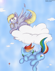 Size: 980x1258 | Tagged: safe, artist:jobo37, artist:joey darkmeat, character:derpy hooves, character:rainbow dash, species:pegasus, species:pony, bump, butt bump, colored, female, mare, plot, pushing, sleeping
